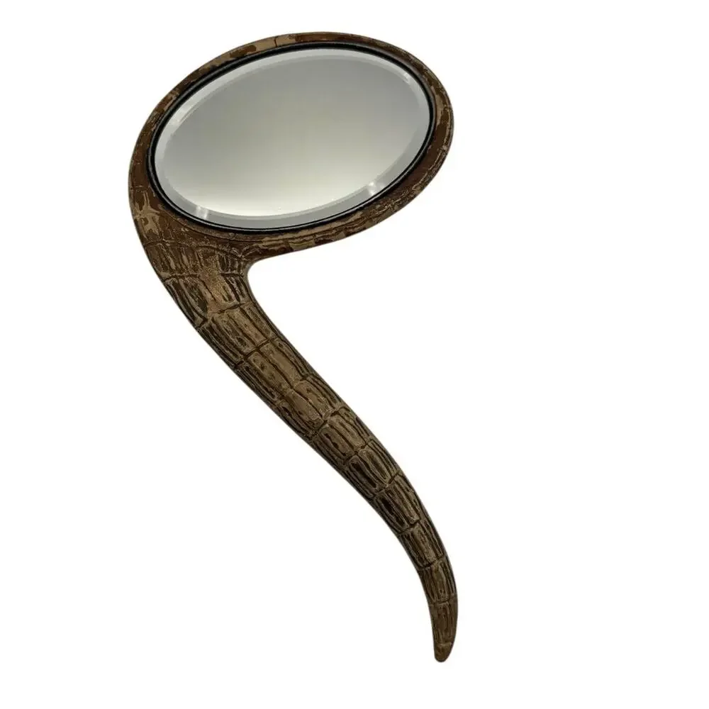 Vintage Carved Alligator Hand Mirror Curved Handle Tail Textured Gator Crocodile